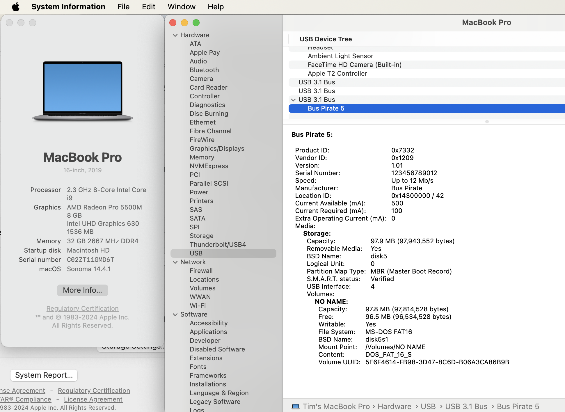 A screenshot of the System Information dialog, showing the Bus Pirate