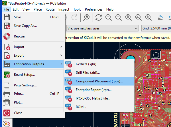 Export component positions from the KiCad PCB editor